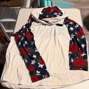 LuLaRoe Amber Whie Hoodie with Red and Blue Floral Sleeves